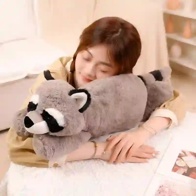 Customplushmaker offers soft animal dolls with tummy designs featuring raccoons, foxes, sloths, and crocodiles, suitable for girls' beds as big throw pillows, making them cute plush animal toys：Raccoon plush toy