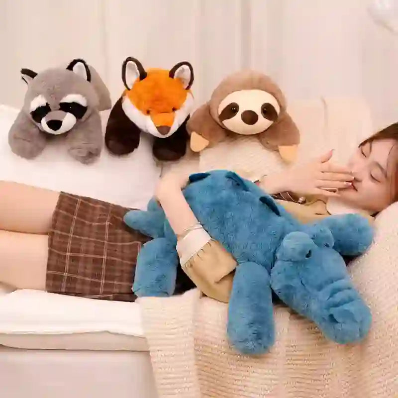 Customplushmaker offers soft animal dolls with tummy designs featuring raccoons, foxes, sloths, and crocodiles, suitable for girls' beds as big throw pillows, making them cute plush animal toys：Crocodile plush toy
