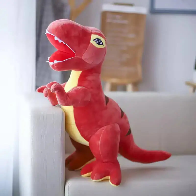 A dinosaur stuffed toy on the sofa