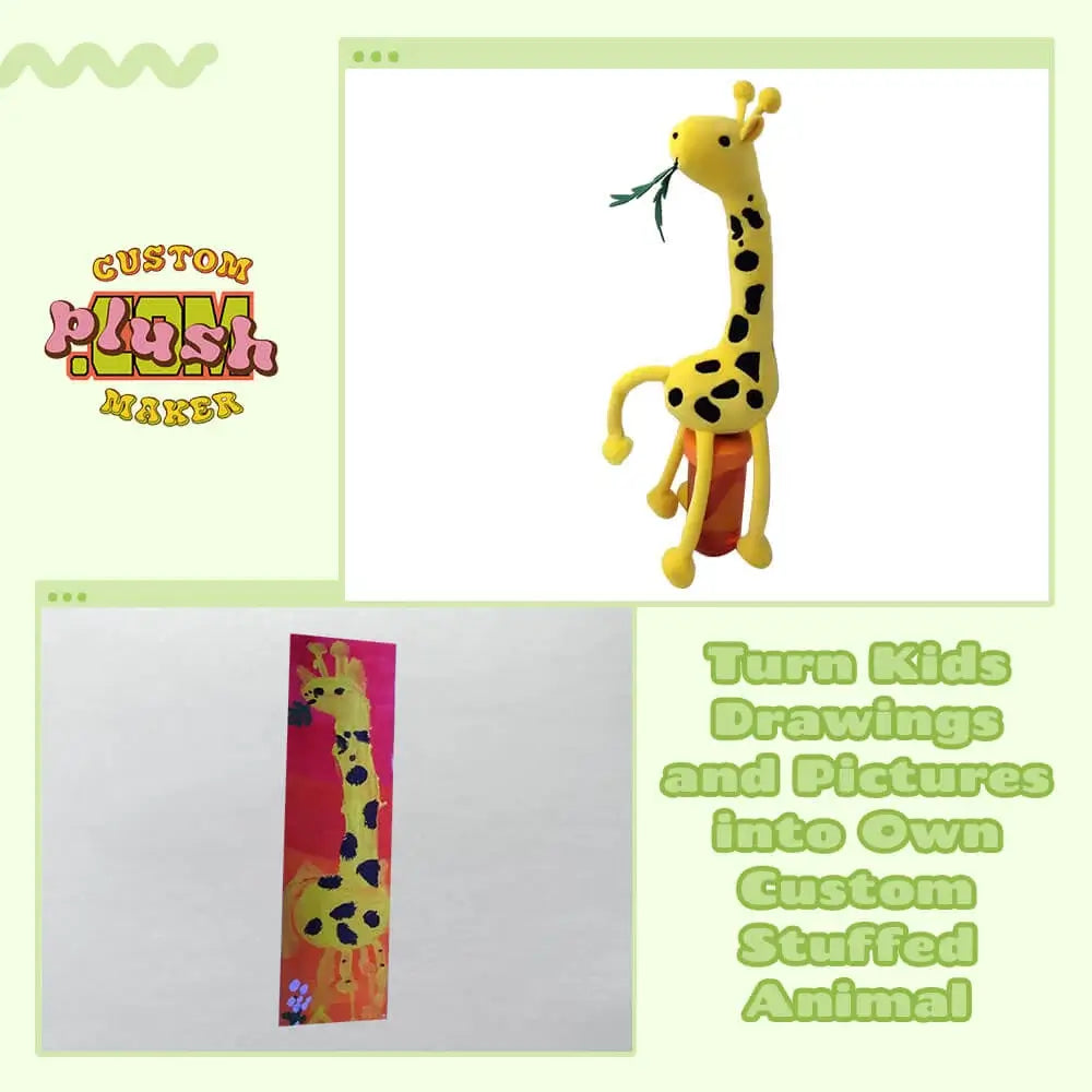 Children's drawings of giraffes made into plush toys