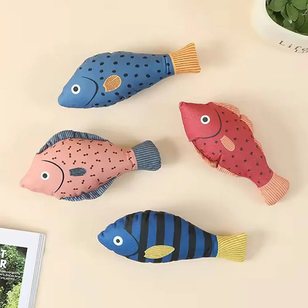 Four fish-shaped pet plush toys