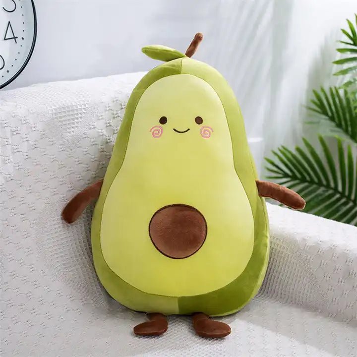A delightful plush avocado toy in cartoon style, featuring vibrant colors and a cute expression – a playful addition to your collection of cuddly characters