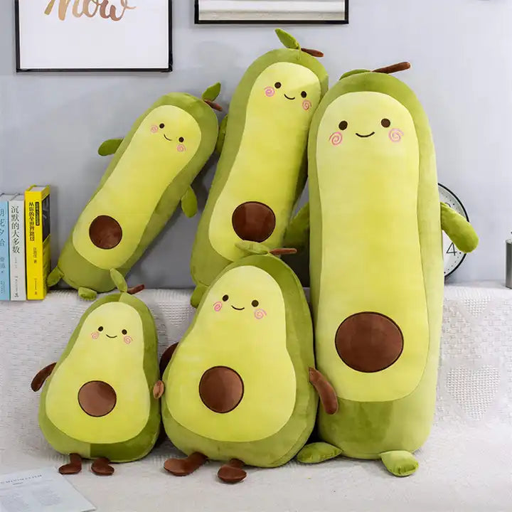 A delightful plush avocado toy in cartoon style, featuring vibrant colors and a cute expression – a playful addition to your collection of cuddly characters