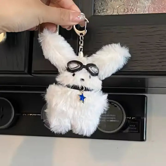 CustomPlushMaker offers adorable black and white glasses puppy plush toys, custom keychain baby soft toys, stuffed animals, and custom Kpop plush dolls：Plush rabbit keychain