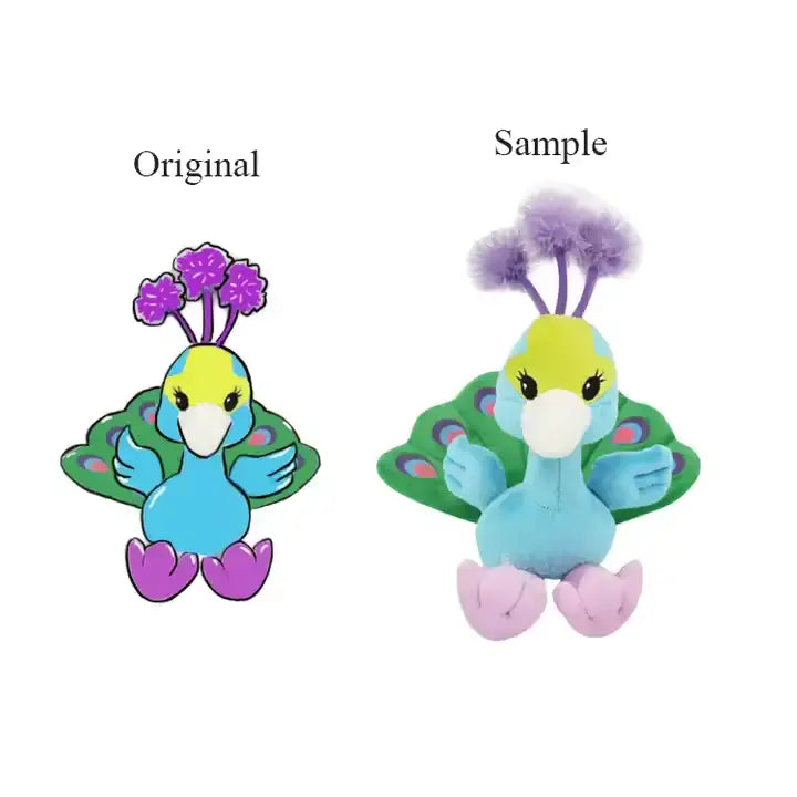 Customplushmaker offers custom plushies, soft stuffed animals, animal figurines, plushie art gifts, wholesale promotional bulk plush, suitable for both genders:Peacock's animated character and plush toy prototype