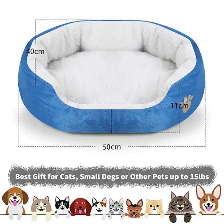 A charming, plush, and fluffy blue dog bed shaped like a basket – a cozy and stylish retreat for your furry companion