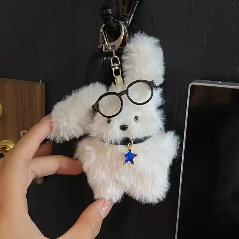 CustomPlushMaker offers adorable black and white glasses puppy plush toys, custom keychain baby soft toys, stuffed animals, and custom Kpop plush dolls：Plush rabbit keychain