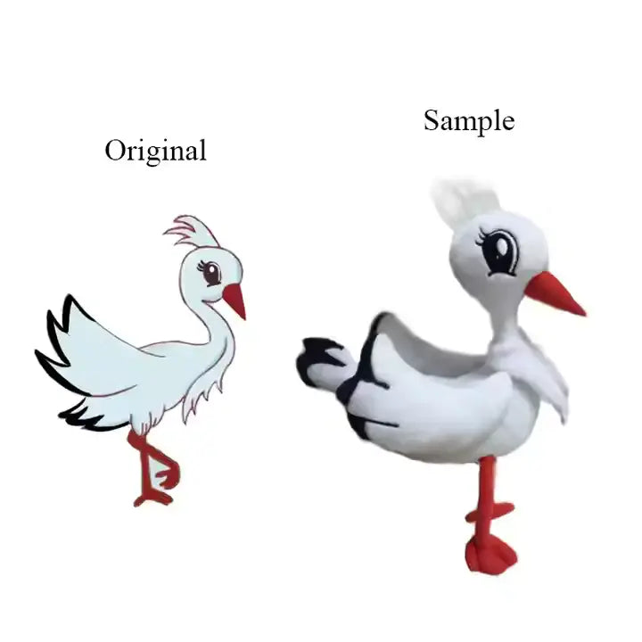  Customplushmaker offers custom plushies, soft stuffed animals, animal figurines, plushie art gifts, wholesale promotional bulk plush, suitable for both genders:Crane's animated character and plush toy prototype