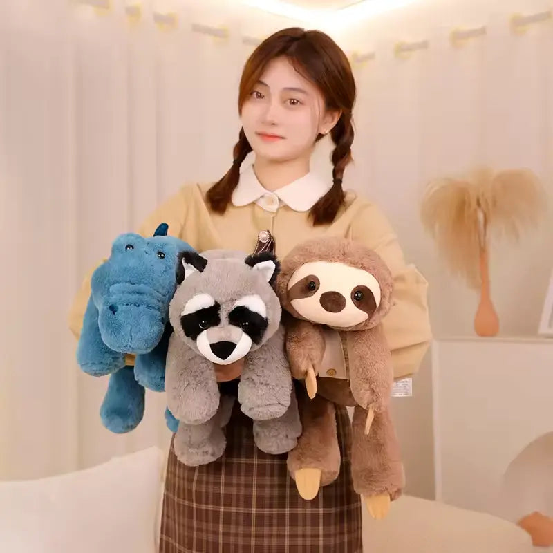 Customplushmaker offers soft animal dolls with tummy designs featuring raccoons, foxes, sloths, and crocodiles, suitable for girls' beds as big throw pillows, making them cute plush animal toys：Three types of plush toys