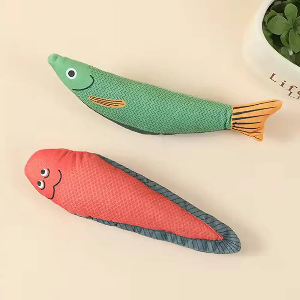 Red and green fish-shaped pet plush toy