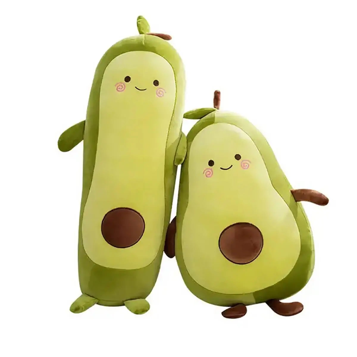 Two avocado plush toys with different actions