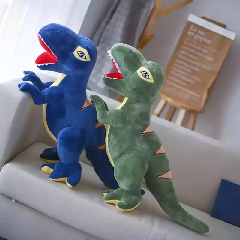 Two dinosaur stuffed toys on the sofa