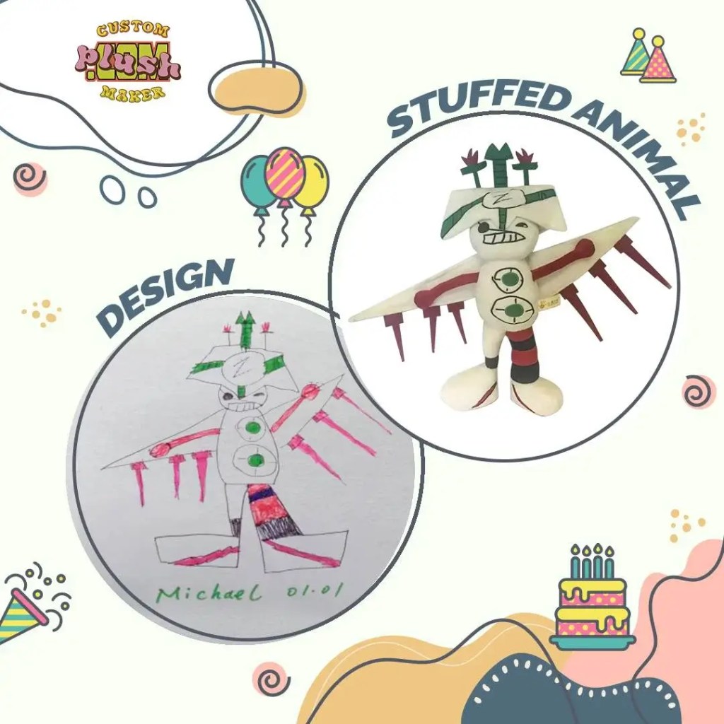 Children's drawing of airplane man plush toy