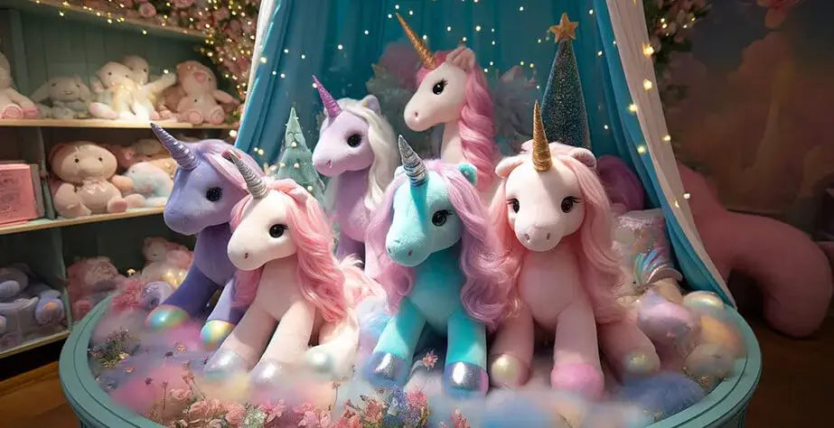 Colección de peluches famosos con algunos unicornios de peluche