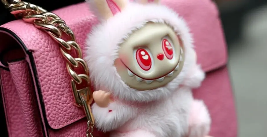 粉色拉布布毛绒玩具挂在名牌包上
