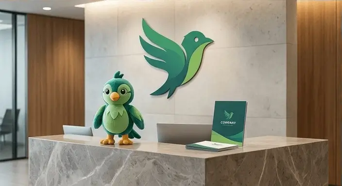 A detailed three-dimensional custom plush mascot of a green bird stands on a modern reception desk, positioned in front of a matching large flat 2D wall logo, demonstrating brand identity tangible products.