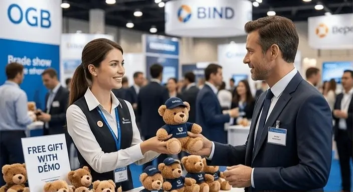 Female staff hands a small promotional teddy bear giveaway with logo to a businessman at a busy trade show booth, highlighting custom promotional stuffed animals for event marketing.