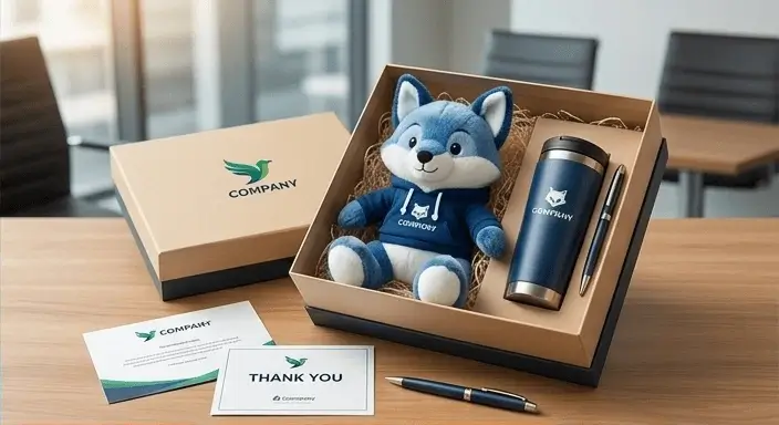 Premium corporate gift box on an office desk containing a high-quality customized blue fox plush toy with an embroidered company logo, a branded travel mug, a pen, and a thank you card..webp
