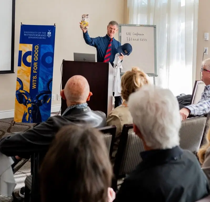 Giving a speech at school with a customized plush toy of CustonPlushMaker