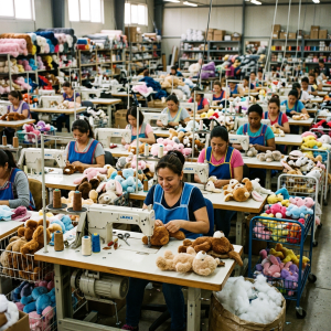 Workers sewing and assembling stuffed teddy bears and stuffed animals at sewing machines
