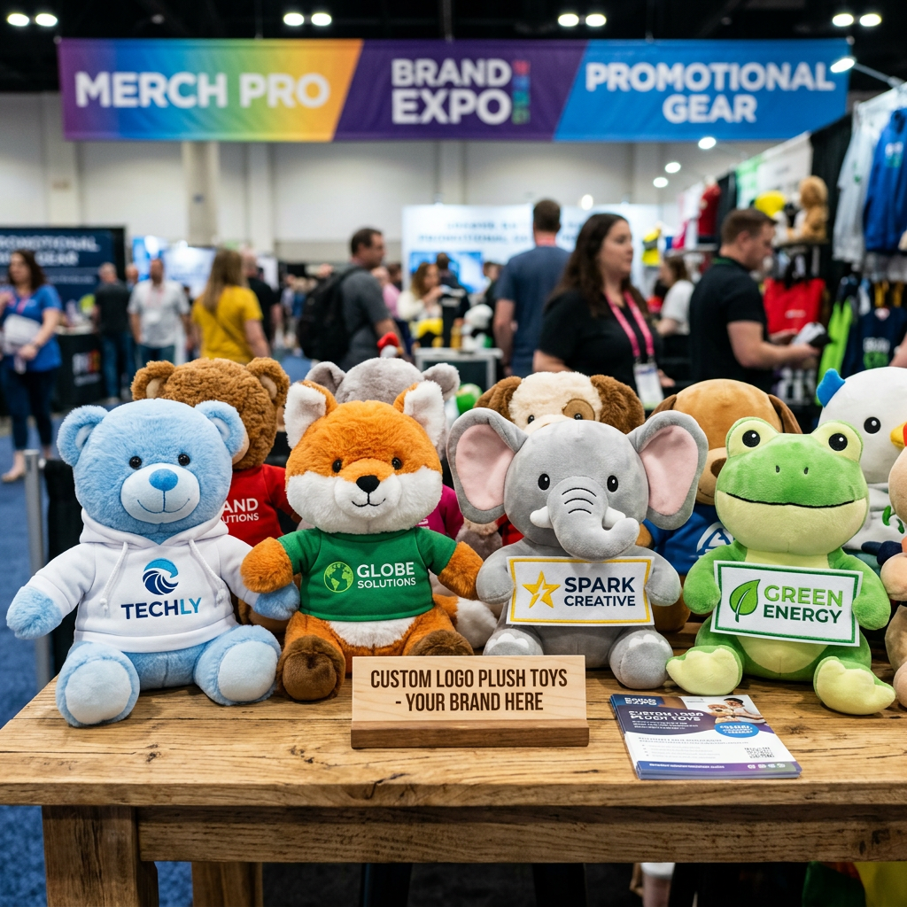 Plush toys including a blue bear, fox, elephant, and frog with custom logo t-shirts on a wooden table