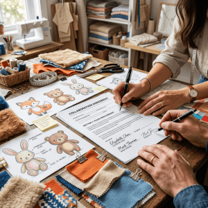 Hands signing collaboration agreement on plush toy development with toy sketches and fabric samples on table