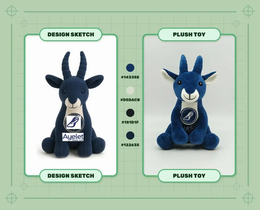 Custom Ayelet logo antelope mascot plush toy design sketch and finished plush sample