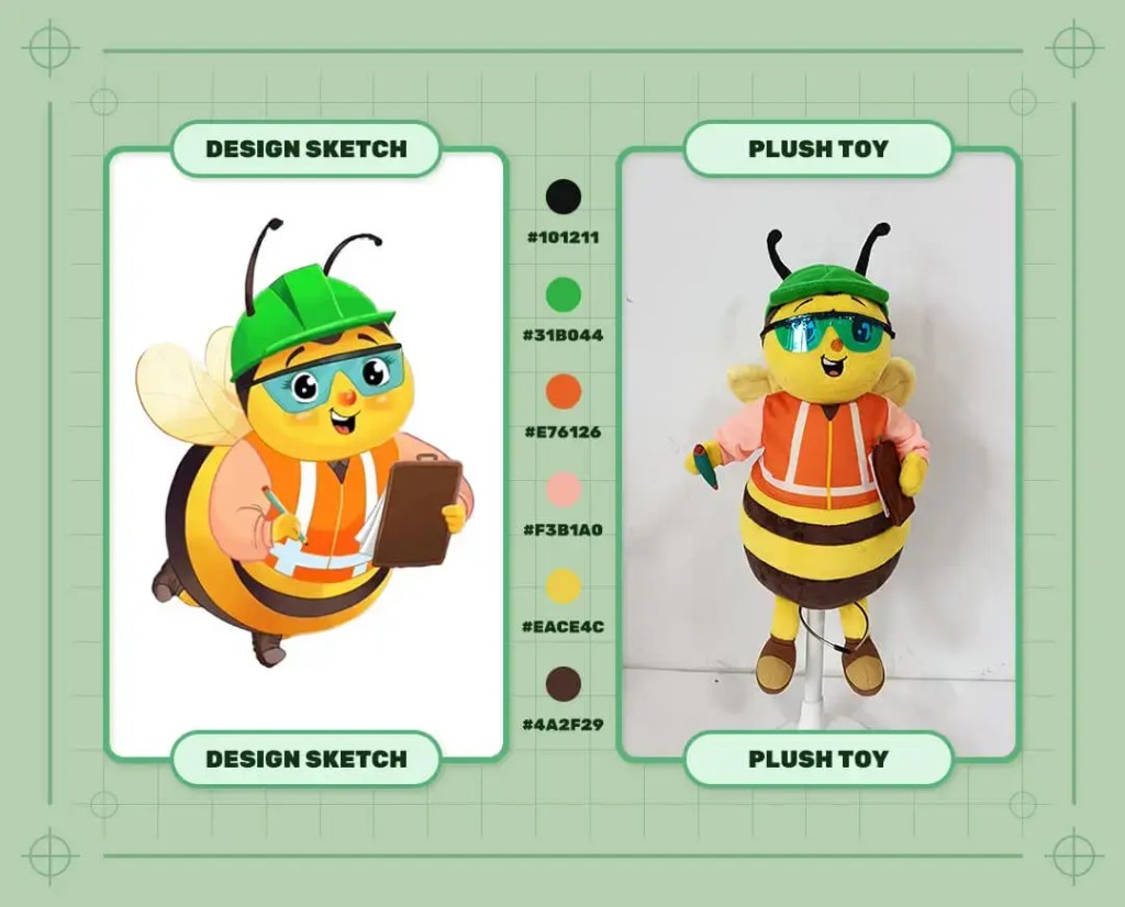 Custom Bee Engineer Book Characters plush toy design sketch and finished plush sample