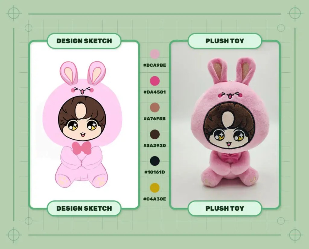 Custom Book characters dressed as bunnies plush toy design sketch and finished plush sample