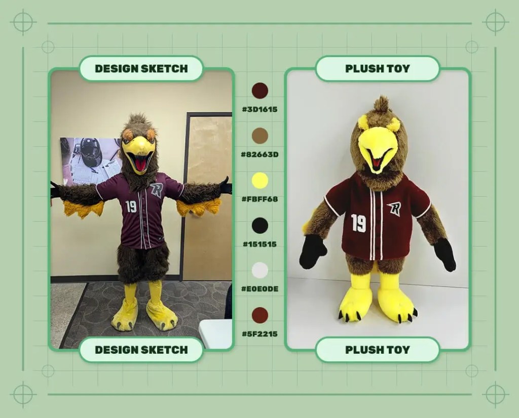 Custom Brewster R Club mascot plush toy design sketch and finished plush sample