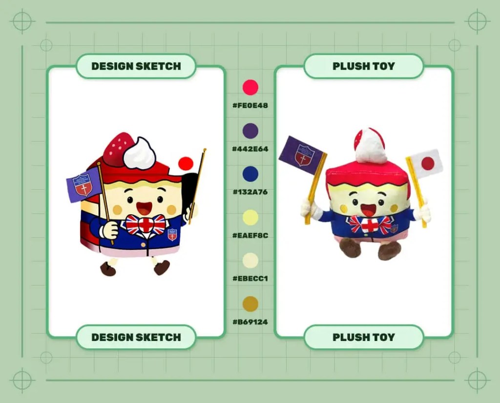 Custom Brewster School mascot plush toy design sketch and finished plush sample