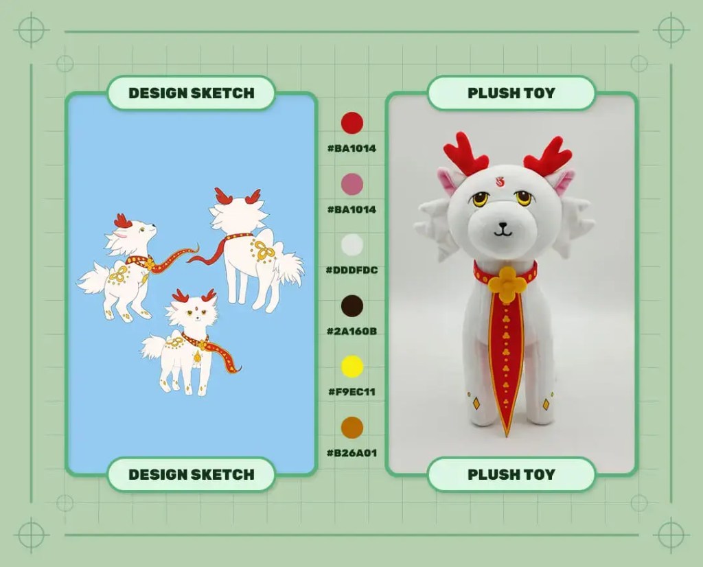 Custom Furui Mythical Beasts Book Characters plush toy design sketch and finished plush sample