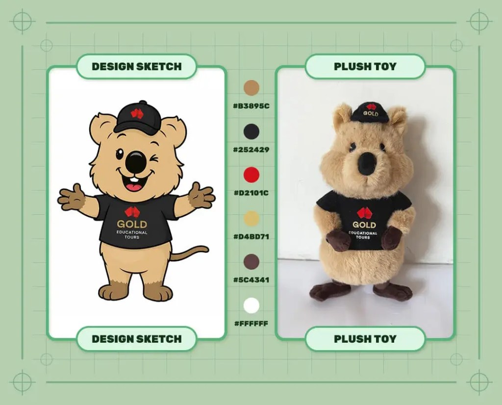 Custom Gold logo groundhog mascot plush toy design sketch and finished plush sample