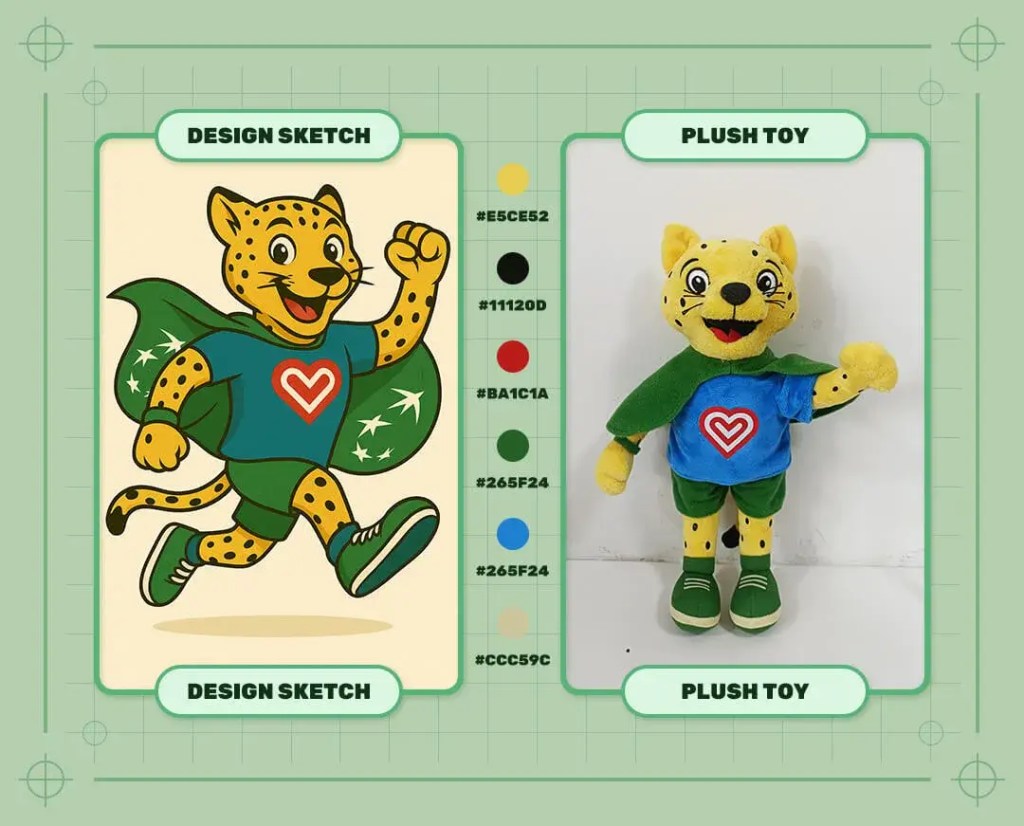Custom Heart-shaped logo leopard mascot plush toy design sketch and finished plush sample