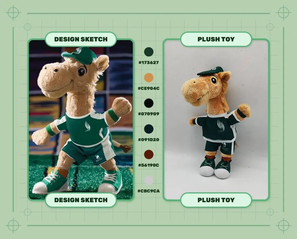 Custom Logo giraffe mascot plush toy design sketch and finished plush sample