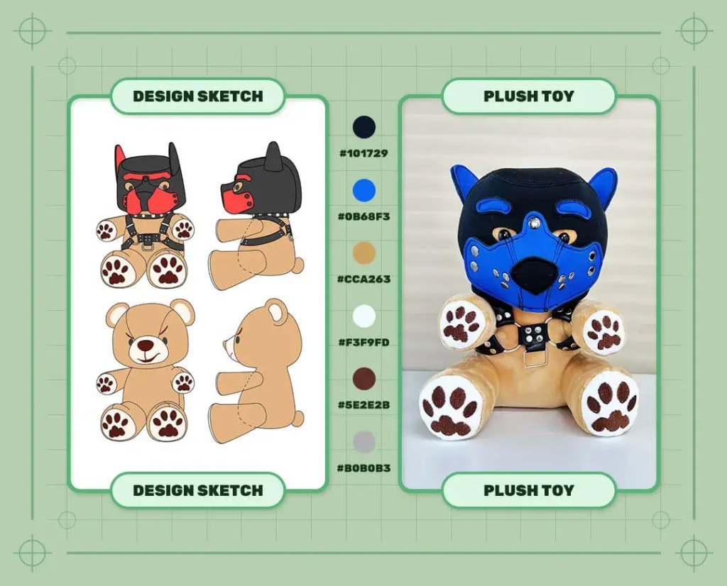 Custom Masked Bear Book Characters plush toy design sketch and finished plush sample