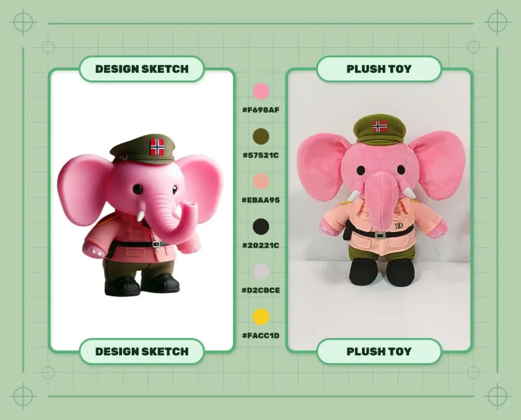 Custom Pink Elephant Book Characters plush toy design sketch and finished plush sample