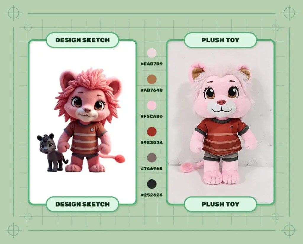 Custom Pink Lion Girl Book Character plush toy design sketch and finished plush sample