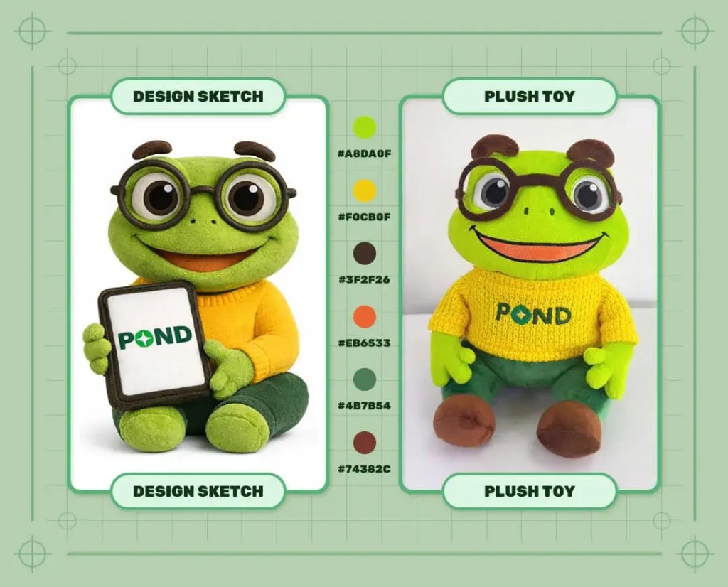 Custom Pond logo frog mascot plush toy design sketch and finished plush sample