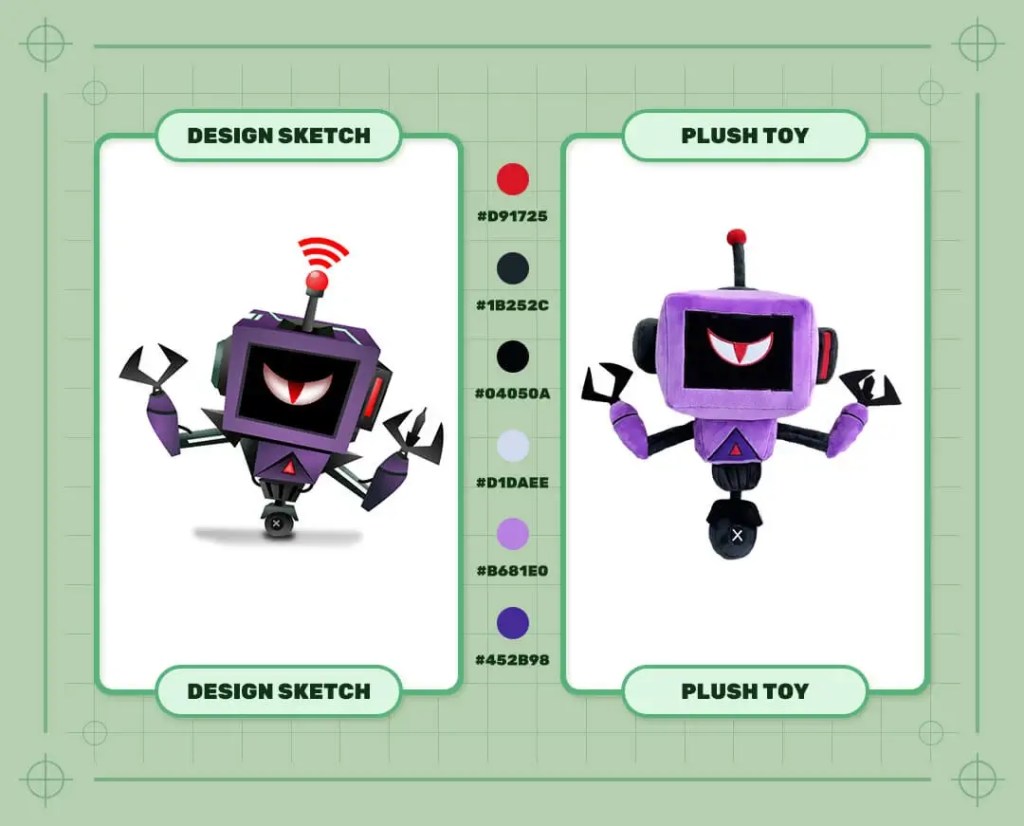Custom Purple Evil Robot Book Character plush toy design sketch and finished plush sample
