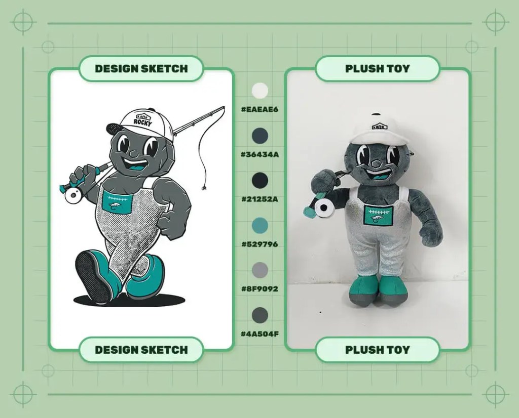 Custom Rocky logo fishing kid mascot plush toy design sketch and finished plush sample