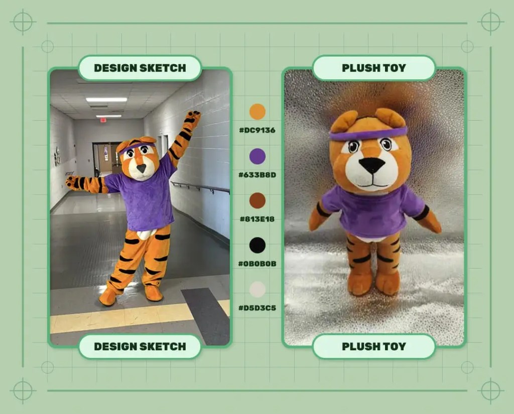 Custom School Tiger mascot plush toy design sketch and finished plush sample