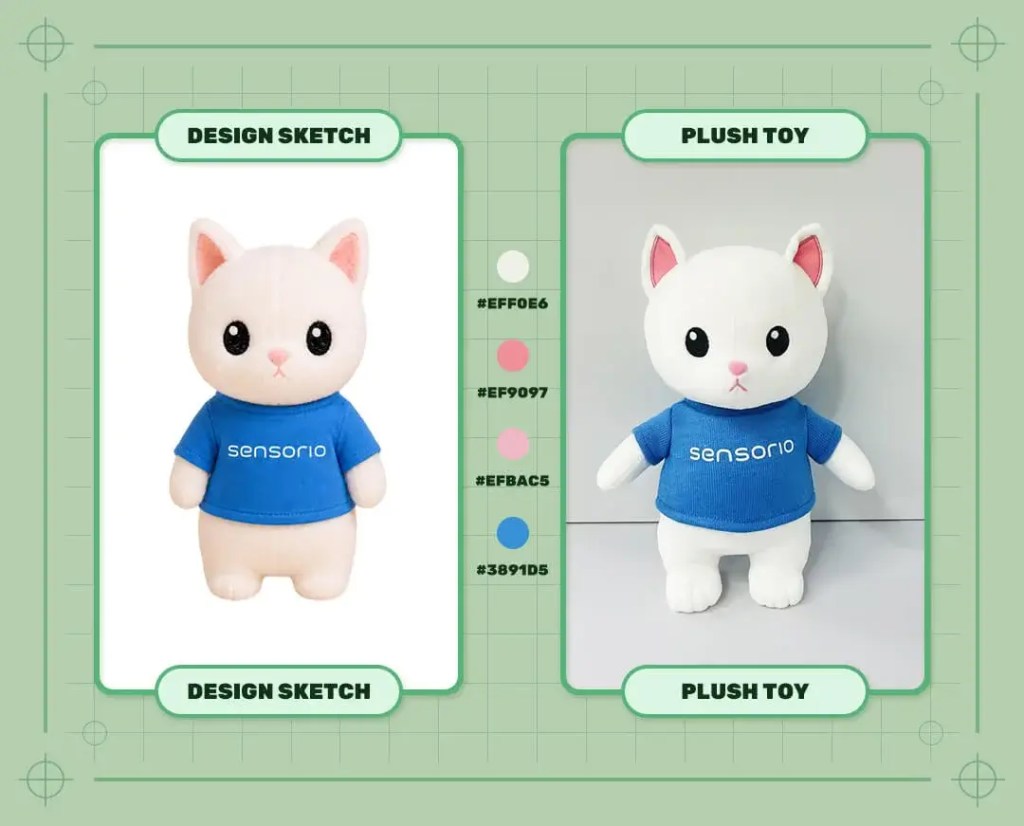 Custom Sensorio logo cat mascot plush toy design sketch and finished plush sample
