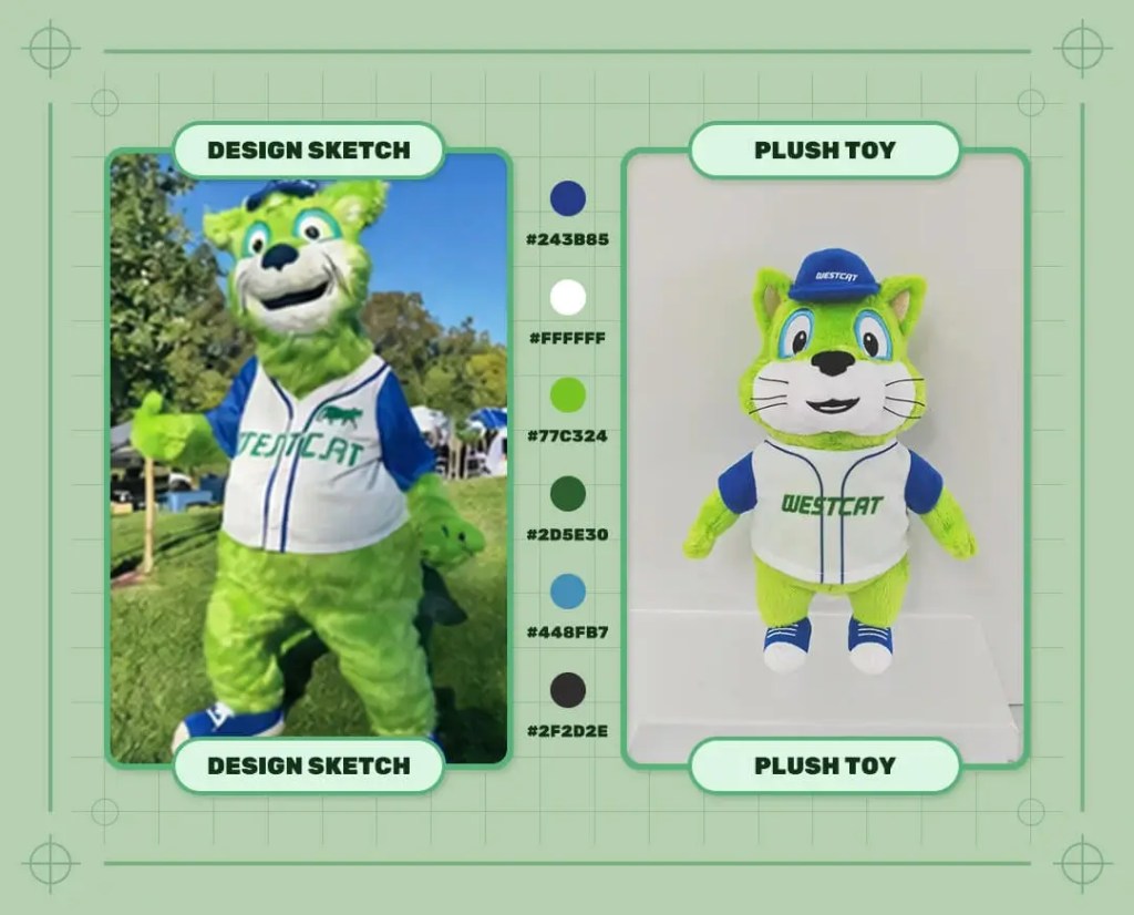 Custom Westcat mascot plush toy design sketch and finished plush sample