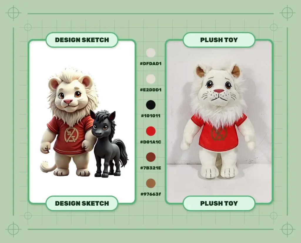 Custom White Lion Boy Book Character plush toy design sketch and finished plush sample