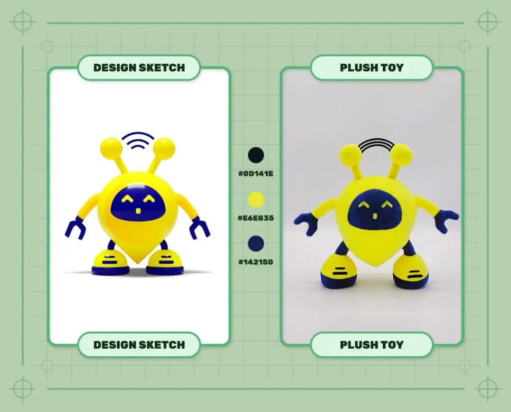 Custom Yellow robot mascot plush toy design sketch and finished plush sample