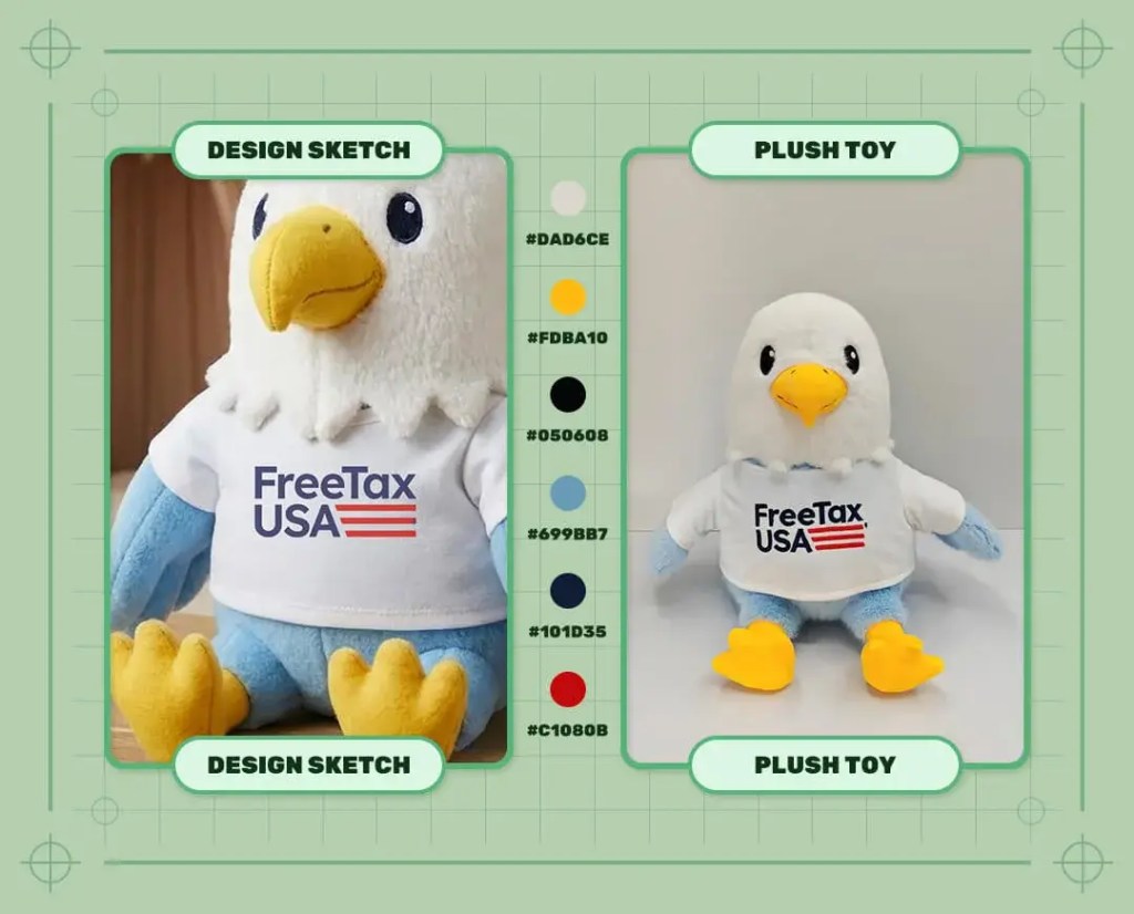 Custom logo bald eagle mascot plush toy design sketch and finished plush sample