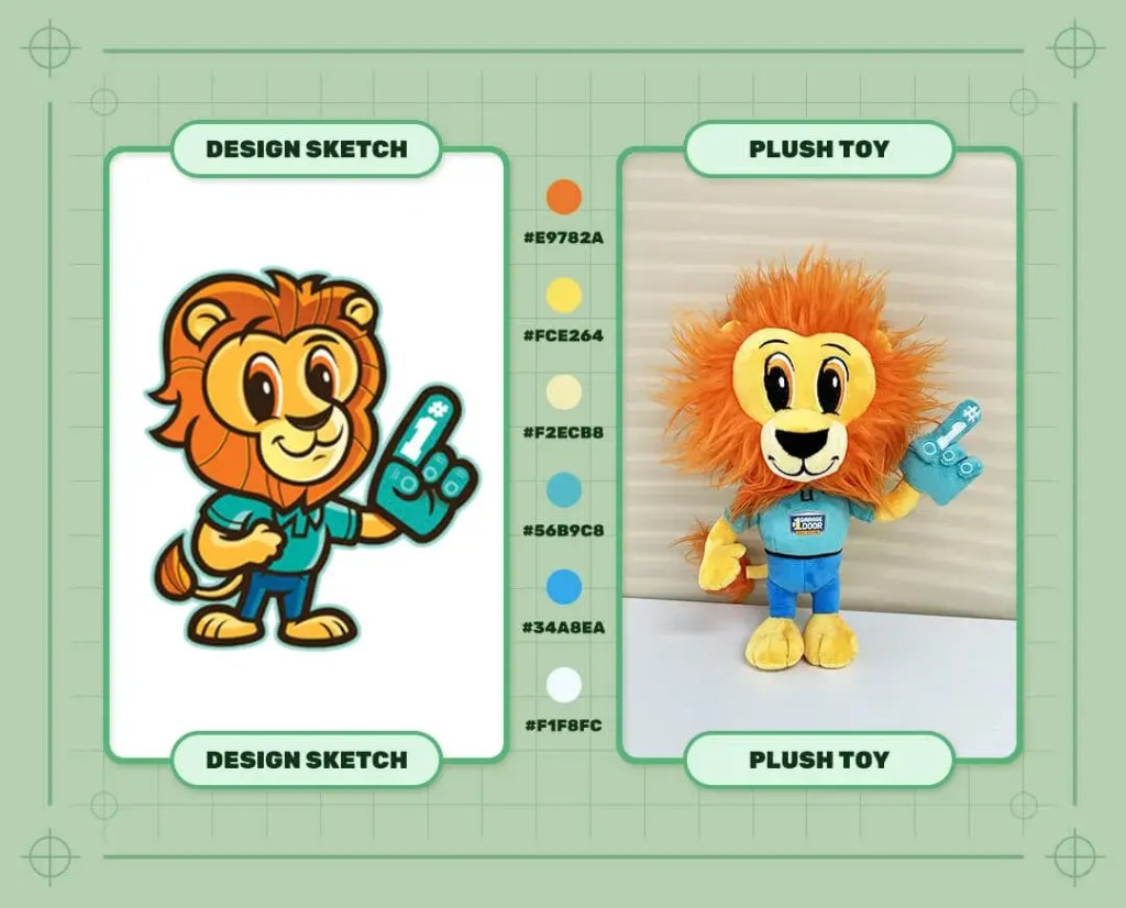 Custom logo lion mascot plush toy design sketch and finished plush sample