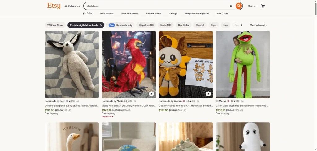 Custom plush toys sold on Etsy
