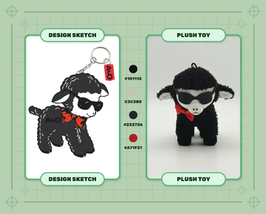 Custom Black Lamb Plush Keychain design sketch and finished plush sample